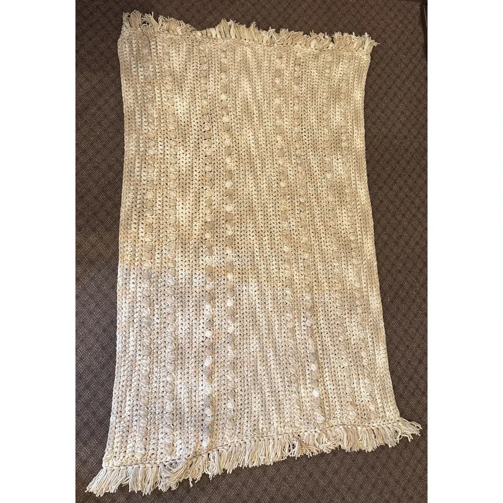 Vintage Handmade Crocheted Afghan Throw Blanket Bobble Stitch Fringe Boho 70x43